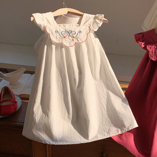 Summer Arrival Baby Kids Girls Fly Sleeves Flowers Embroidered Pattern