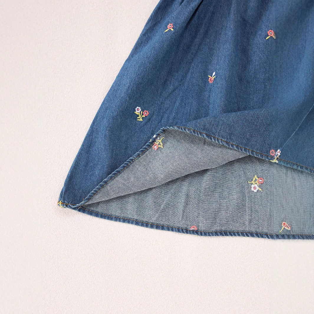 Summer Baby Kids Girls Denim Short Sleeves Flowers Pattern Embroidered