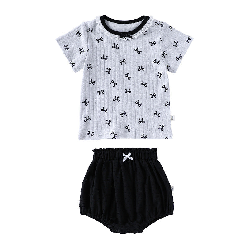 Summer Arrival Baby Girls Short Sleeves Butterfly-Bows Pattern Top and