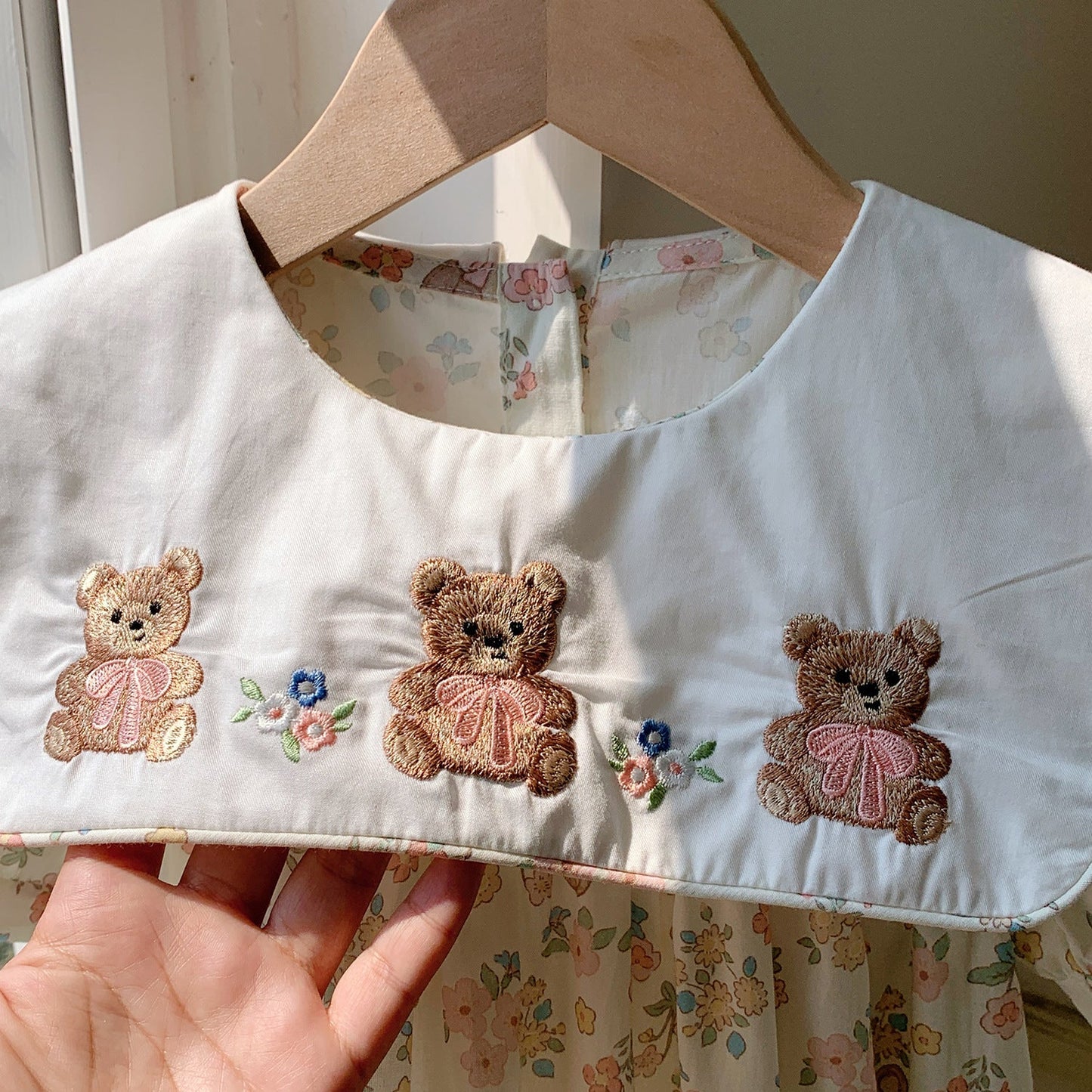 Summer Baby Kids Girls Short Sleeves Crew Neck Teddy Bear Pattern