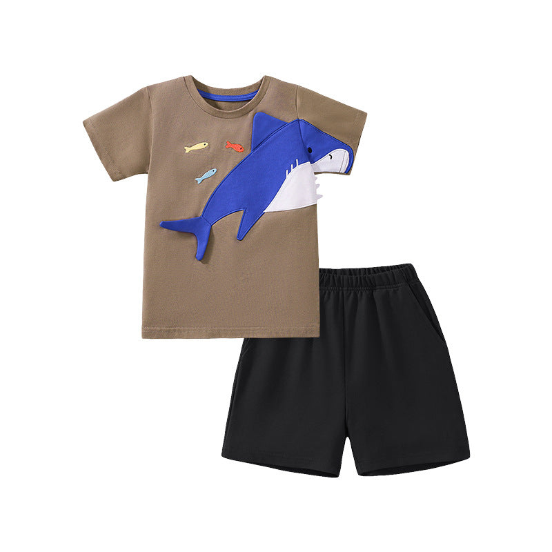 Summer Baby Kids Shark Cartoon Pattern T-shirt and Shorts Clothing Set