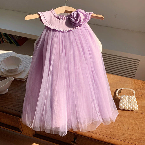 Summer Arrival Sleeveless Solid Color Tulle Dress for Stylish Girls