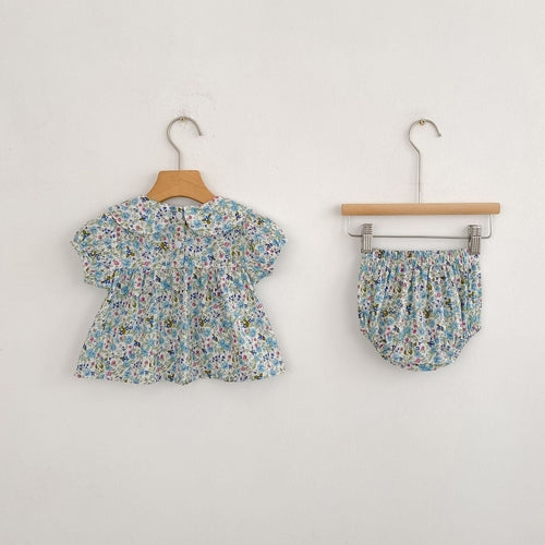 Summer Arrival Baby Girls Short Sleeves Floral Top Dress and Bloomers