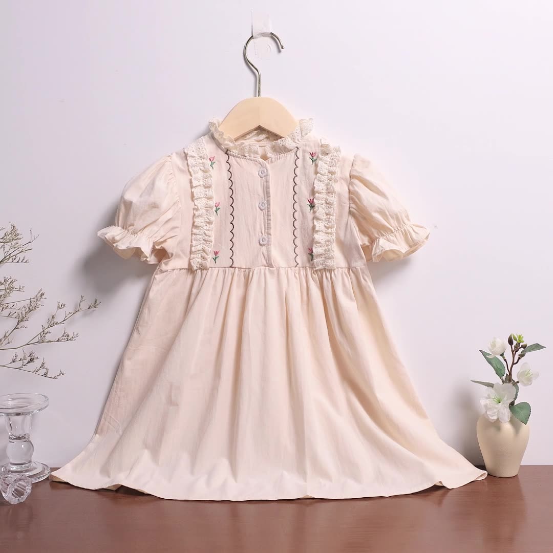 Summer Baby Kids Girls Short Sleeves Lace and Flowers Embroidered