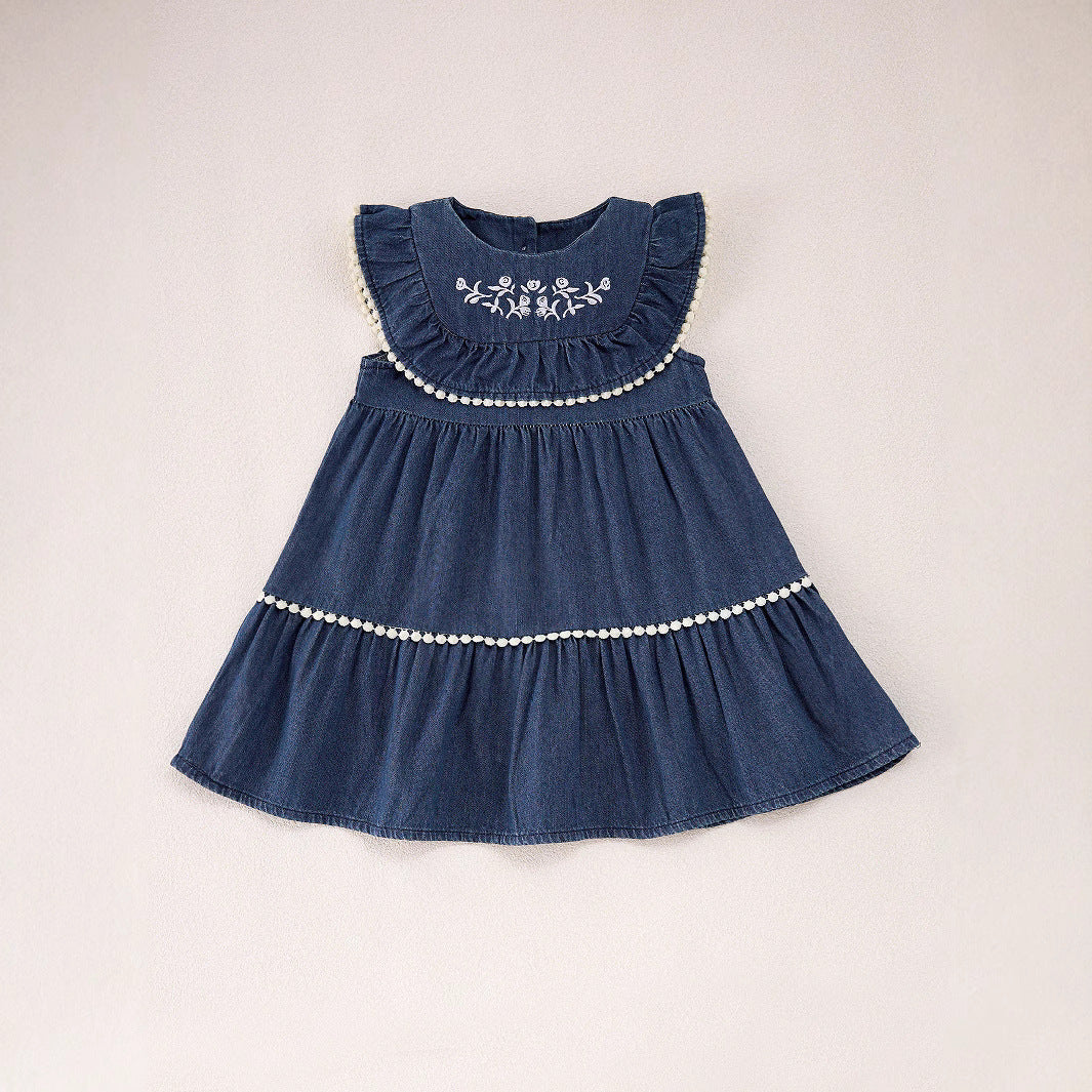 Summer Baby Kids Girls Denim Sleeveless Flowers Pattern Embroidered
