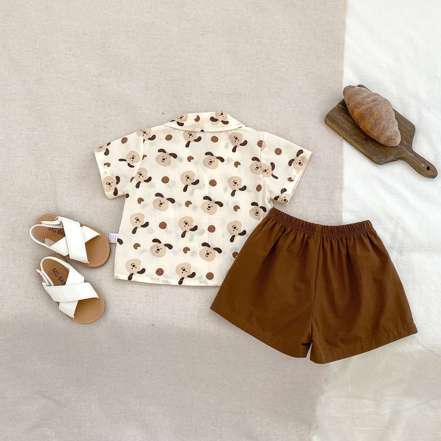 Summer Baby Kids Puppy Cartoon Pattern Single Breasted Shirt and Brown