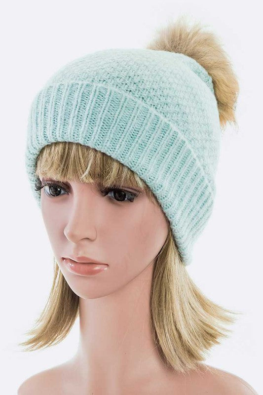 Large Natural Fur Pom Soft Beanie