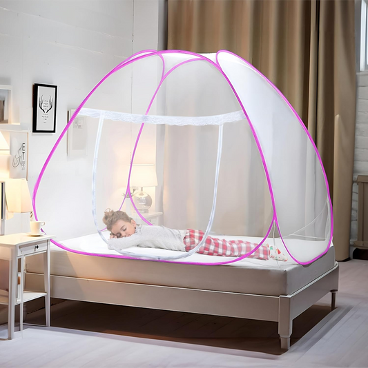 KUNKUN Foldable Mosquito Net for Double Bed Size 6.5x4 Feet Color Pink
