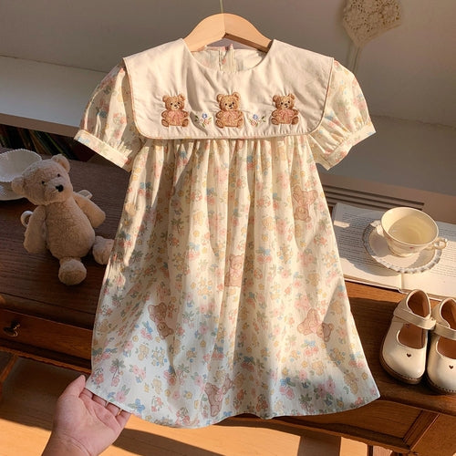 Summer Baby Kids Girls Short Sleeves Crew Neck Teddy Bear Pattern