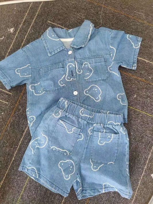 Summer Baby Kids Teddy Cartoon Pattern Shirt and Shorts Clothing Set