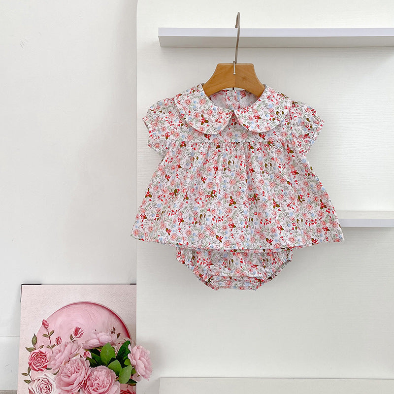 Summer Arrival Baby Girls Short Sleeves Floral Top Dress and Bloomers