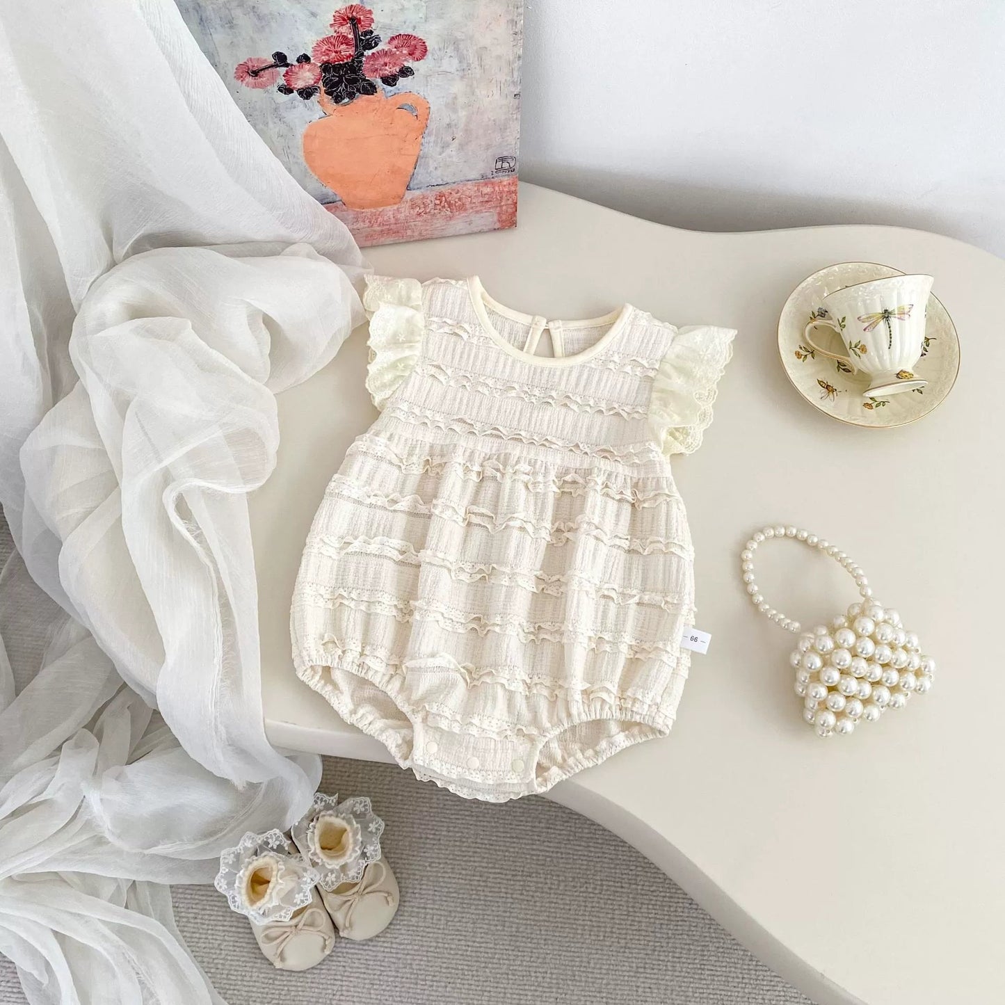 Summer Arrival Baby Girls Cute Fly Sleeves Crew Neck Solid Color Lace