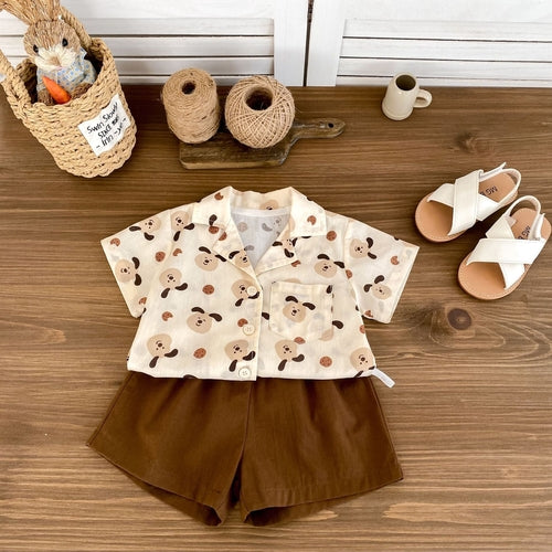 Summer Baby Kids Puppy Cartoon Pattern Single Breasted Shirt and Brown