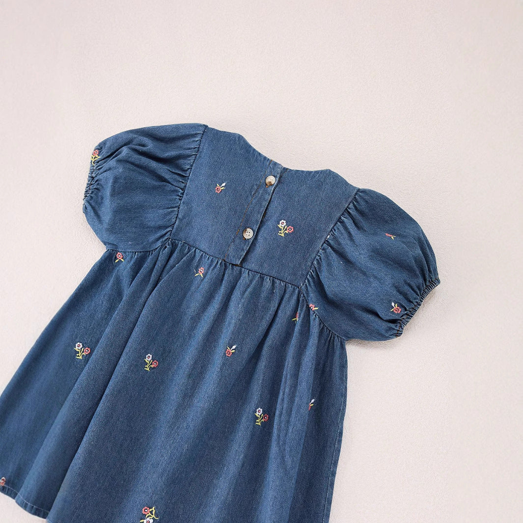 Summer Baby Kids Girls Denim Short Sleeves Flowers Pattern Embroidered