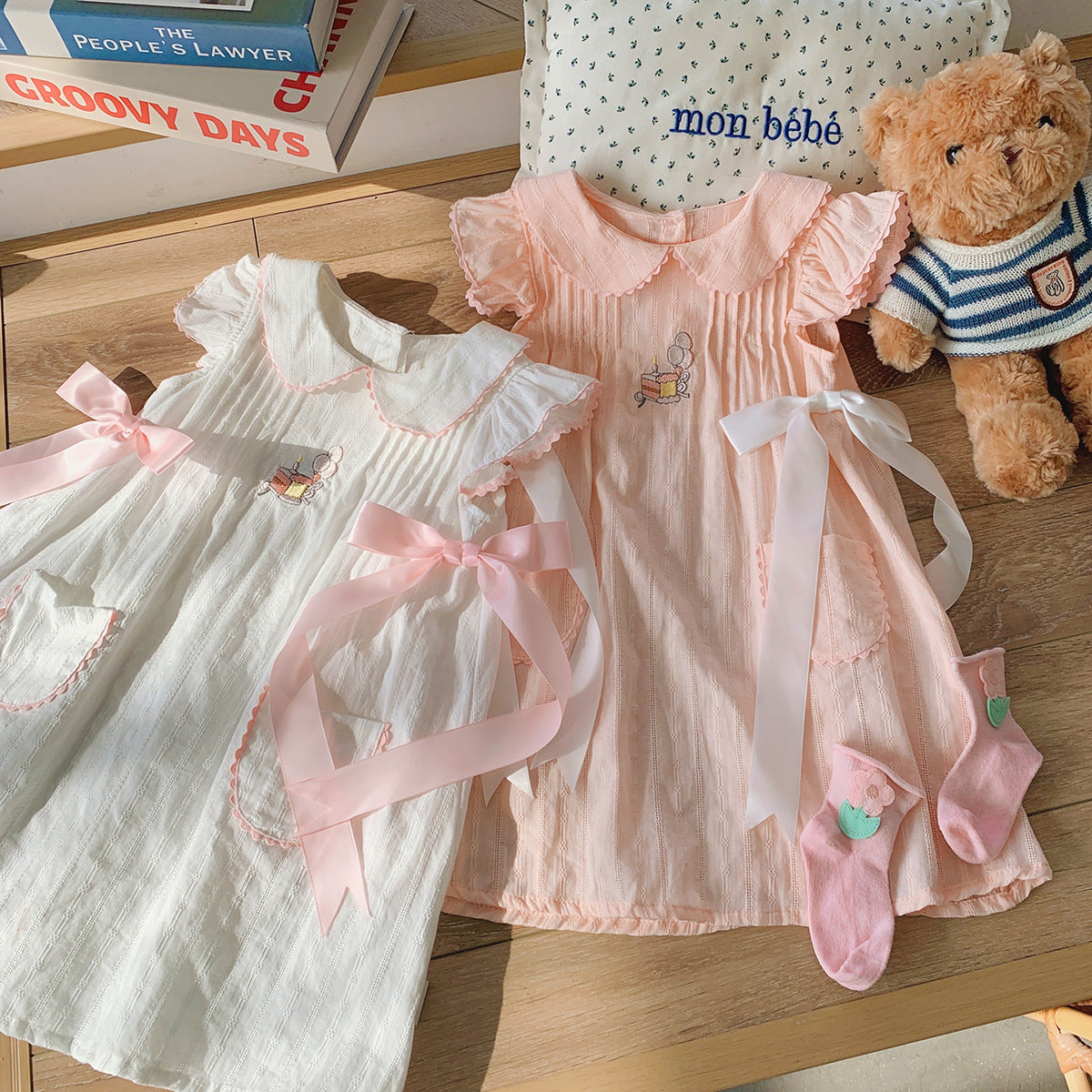 Summer Arrival Baby Kids Girls Fly Sleeves Cake Pattern Embroidered
