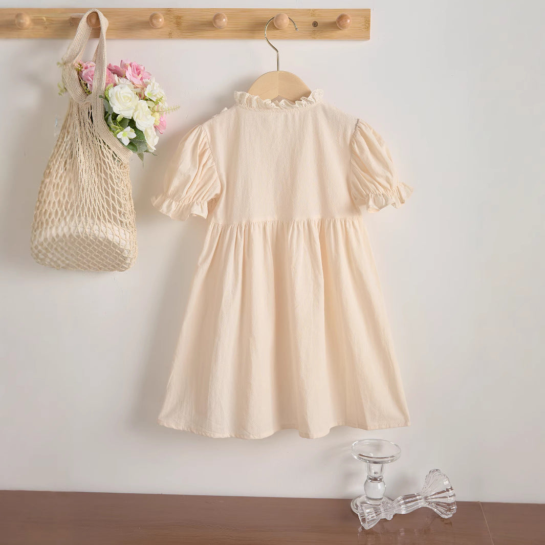 Summer Baby Kids Girls Short Sleeves Lace and Flowers Embroidered