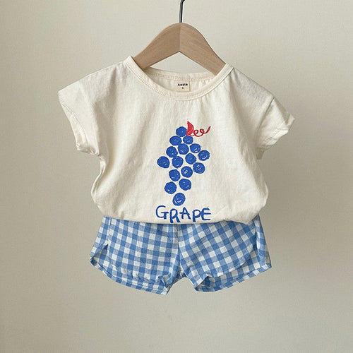 Summer Baby Kids Fruits Pattern Short Sleeves T-shirt and Plaid Shorts