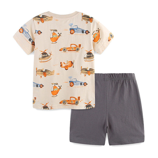 Summer Baby Kids Racing Cars and Planes Cartoon Pattern T-shirt and