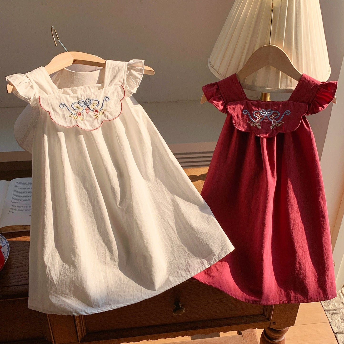 Summer Arrival Baby Kids Girls Fly Sleeves Flowers Embroidered Pattern