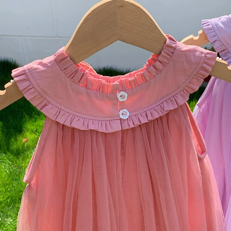 Summer Arrival Sleeveless Solid Color Tulle Dress for Stylish Girls
