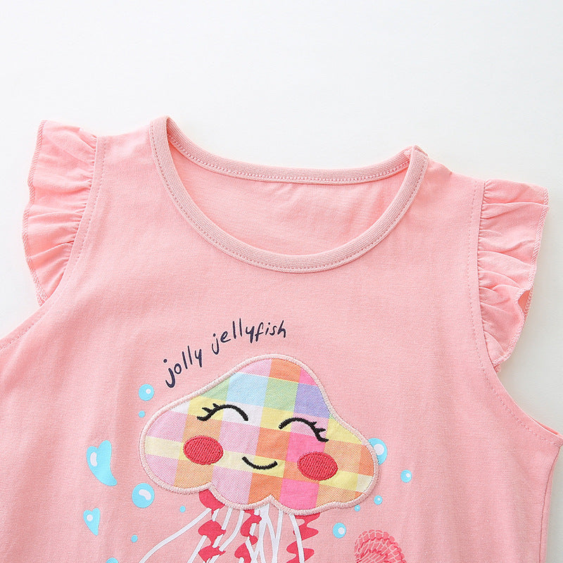 Summer Baby Kids Cartoon Jellyfish Pattern Vest and Plaid Shorts