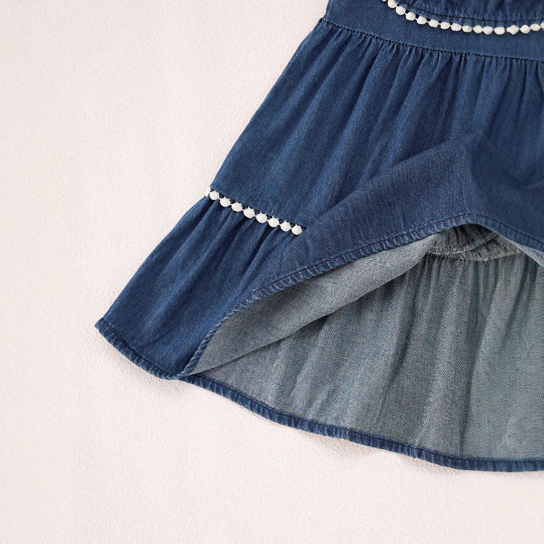 Summer Baby Kids Girls Denim Sleeveless Flowers Pattern Embroidered