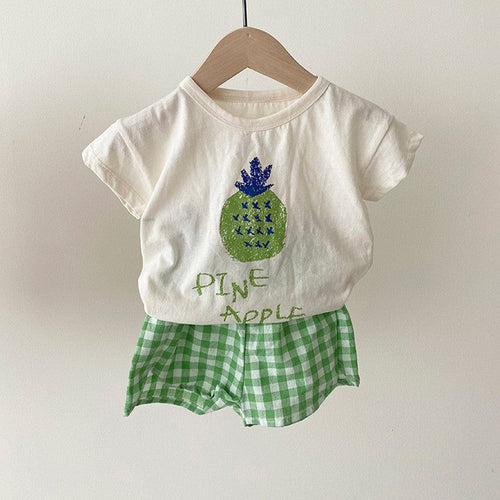 Summer Baby Kids Fruits Pattern Short Sleeves T-shirt and Plaid Shorts