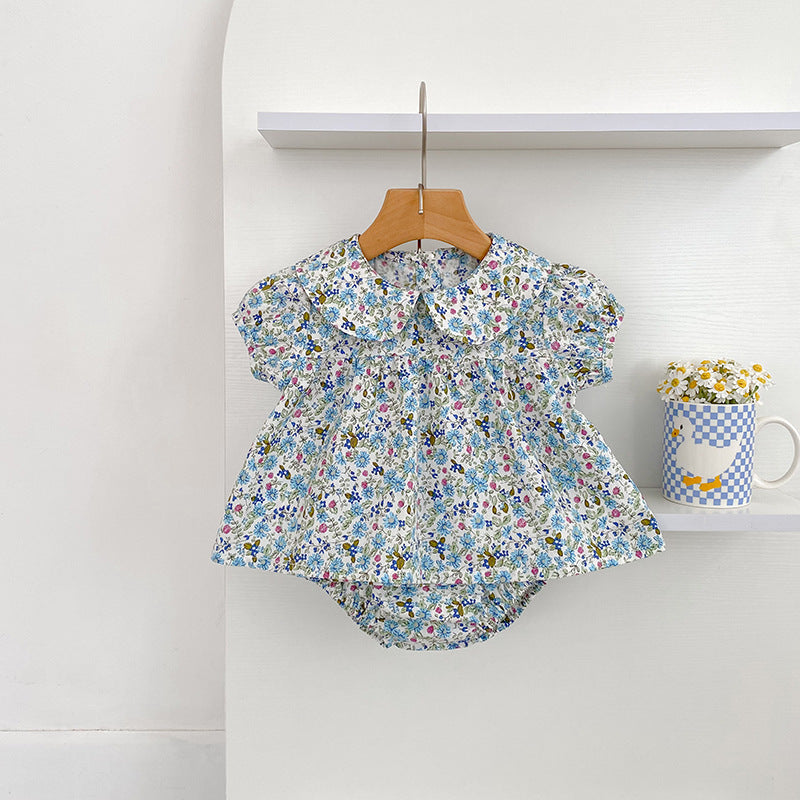 Summer Arrival Baby Girls Short Sleeves Floral Top Dress and Bloomers
