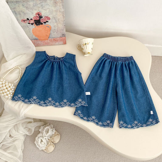 Summer Baby Kids Girls Flowers Pattern Embroidered Sleeveless Top and