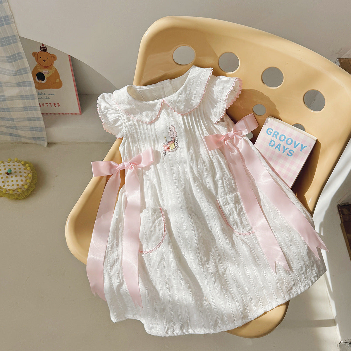 Summer Arrival Baby Kids Girls Fly Sleeves Cake Pattern Embroidered