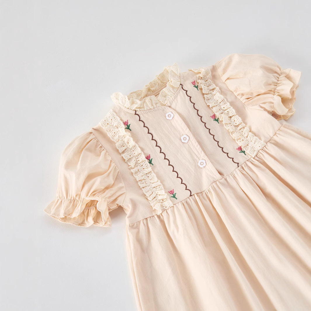Summer Baby Kids Girls Short Sleeves Lace and Flowers Embroidered