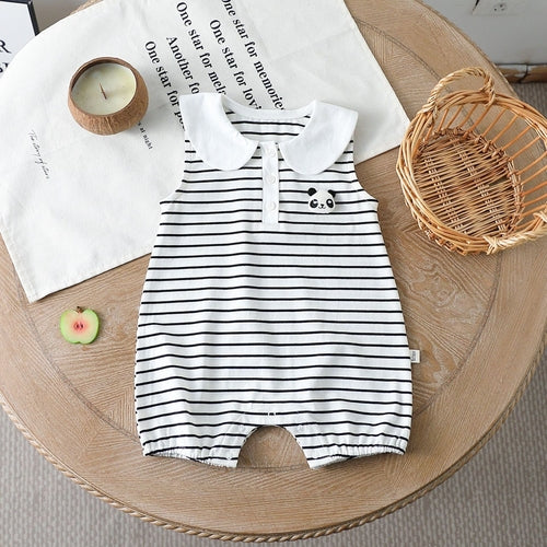 Summer Arrival Baby Unisex Short Sleeves Striped Pattern Cartoon Panda