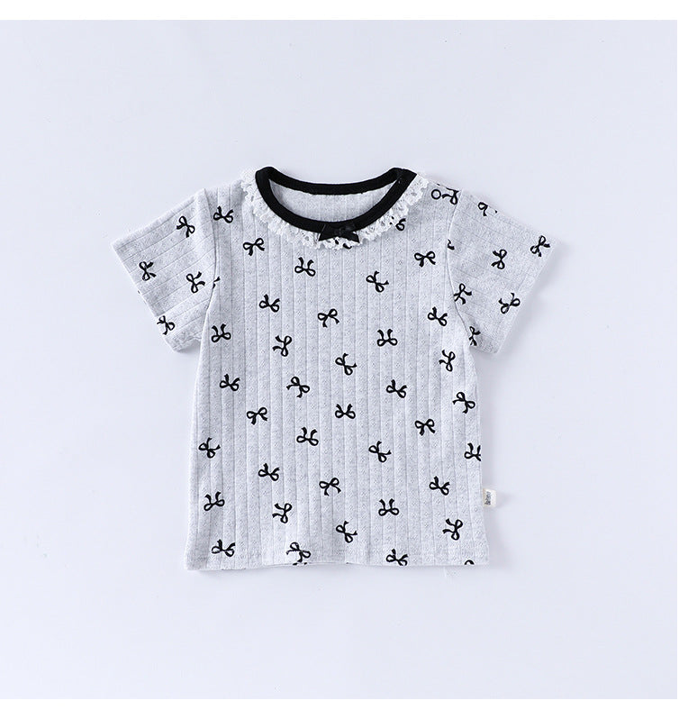 Summer Arrival Baby Girls Short Sleeves Butterfly-Bows Pattern Top and