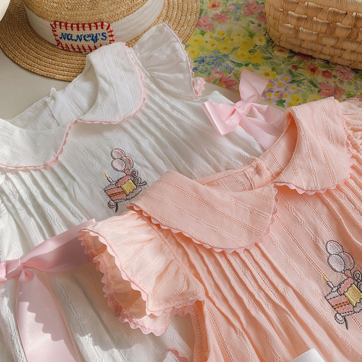 Summer Arrival Baby Kids Girls Fly Sleeves Cake Pattern Embroidered