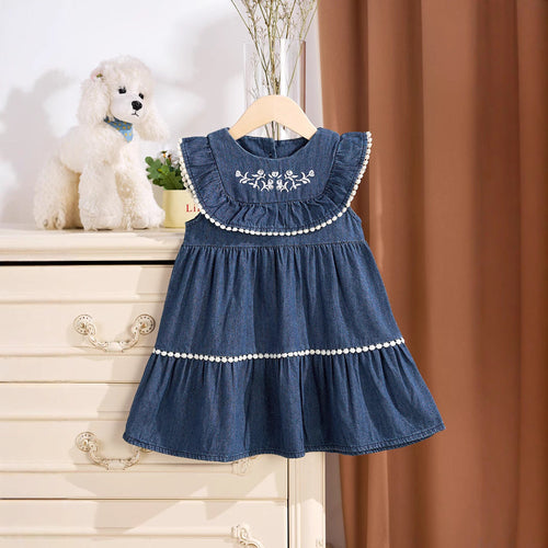 Summer Baby Kids Girls Denim Sleeveless Flowers Pattern Embroidered