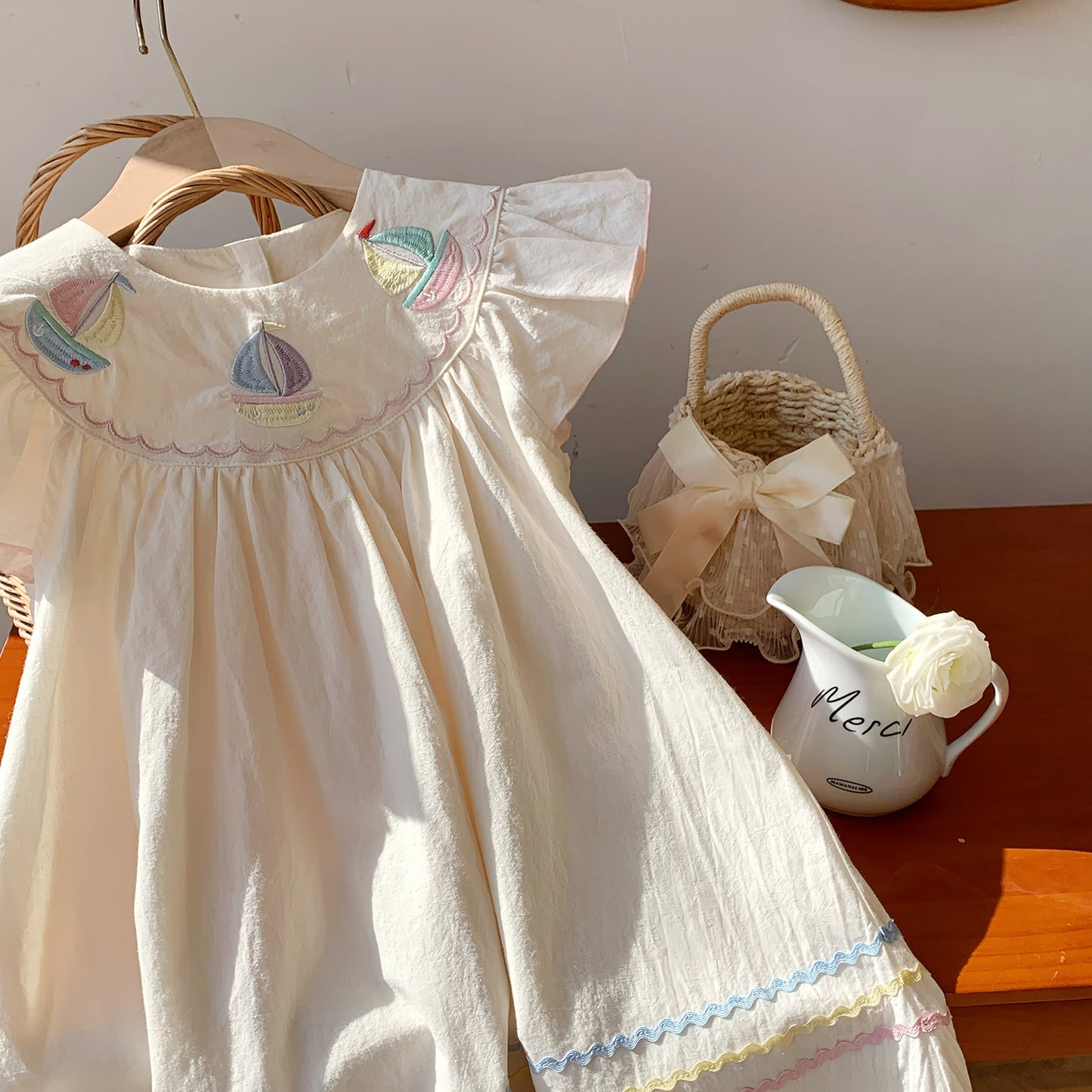 Summer Baby Kids Girls Sleeveless Little Boat Embroidery Pattern Dress