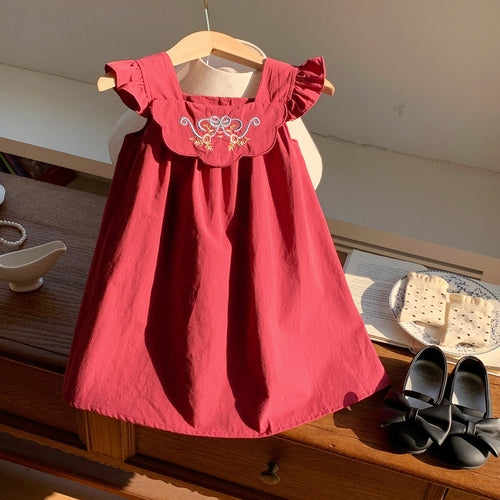 Summer Arrival Baby Kids Girls Fly Sleeves Flowers Embroidered Pattern