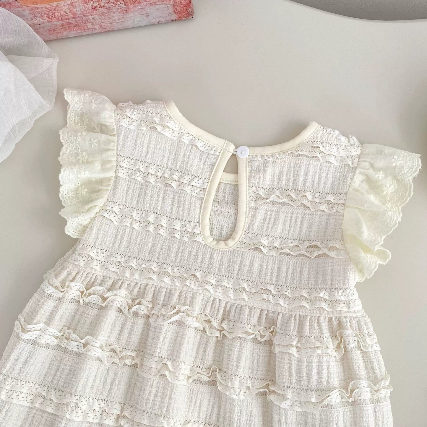 Summer Arrival Baby Girls Cute Fly Sleeves Crew Neck Solid Color Lace