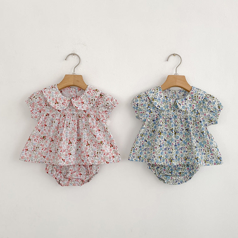 Summer Arrival Baby Girls Short Sleeves Floral Top Dress and Bloomers