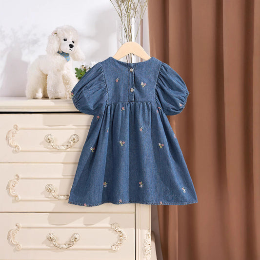 Summer Baby Kids Girls Denim Short Sleeves Flowers Pattern Embroidered