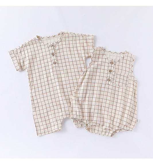 Summer Arrival Baby Unisex Short Sleeves Plaid Pattern Onesies
