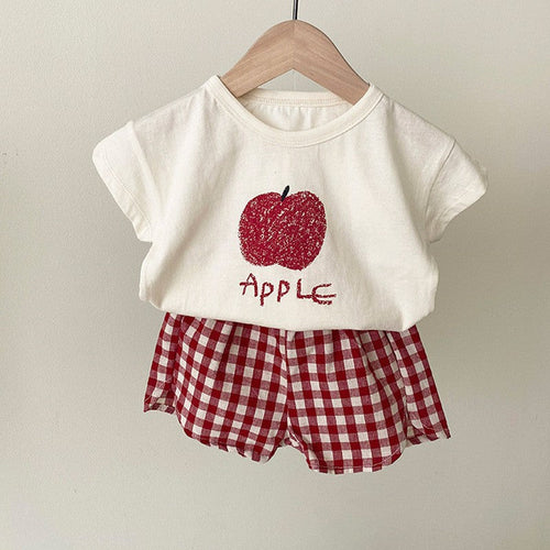 Summer Baby Kids Fruits Pattern Short Sleeves T-shirt and Plaid Shorts