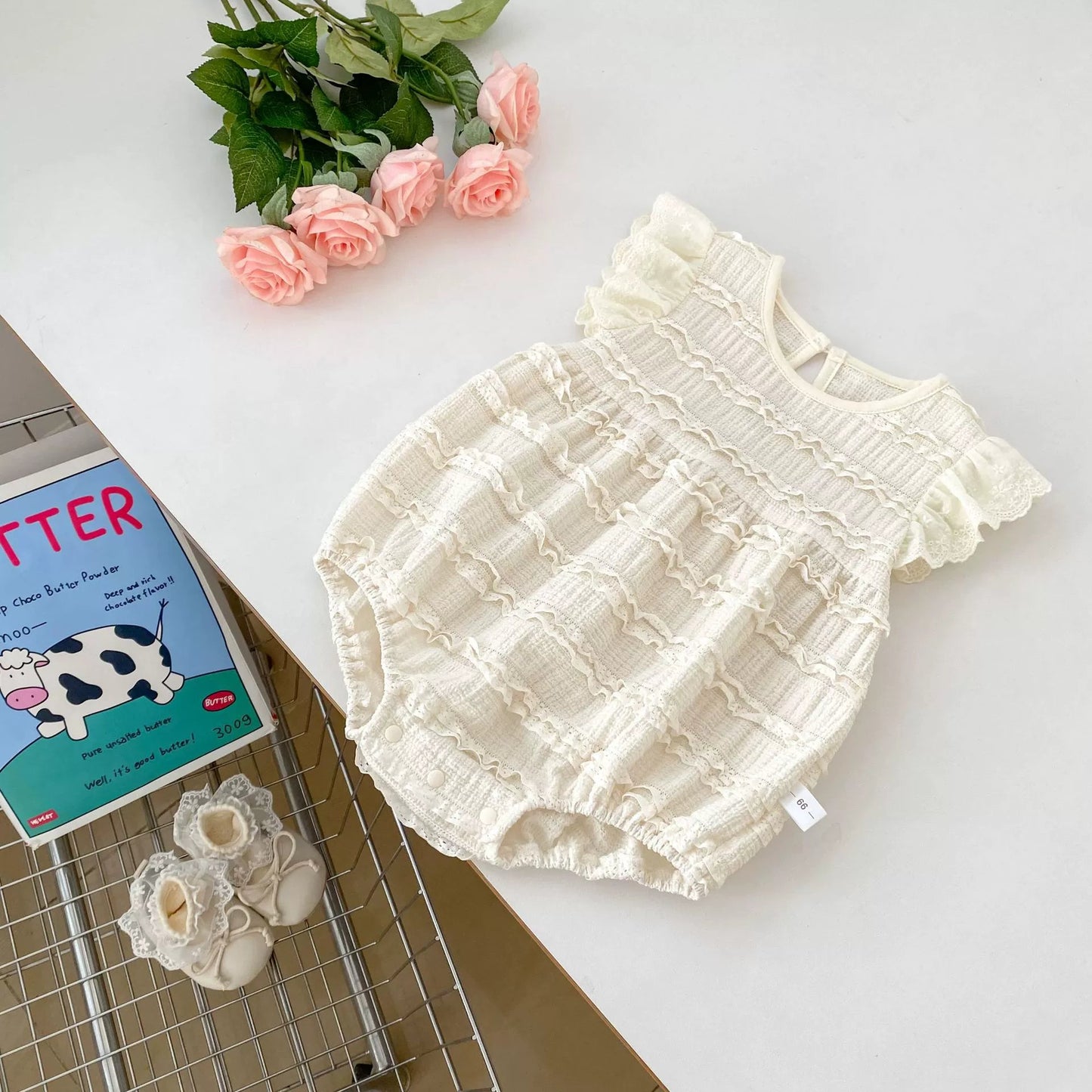 Summer Arrival Baby Girls Cute Fly Sleeves Crew Neck Solid Color Lace