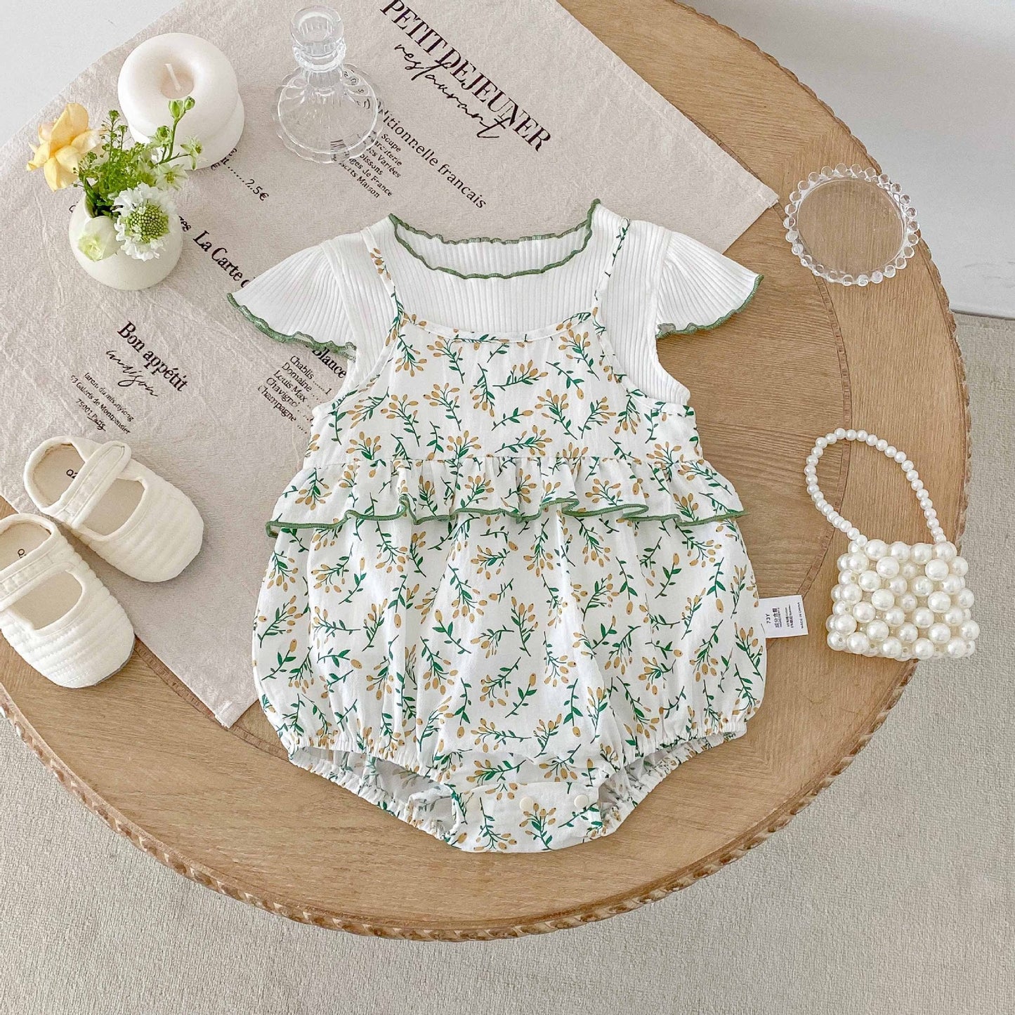 Summer Baby Kids Girls Fly Sleeves Knitted T-Shirt and Floral Strap