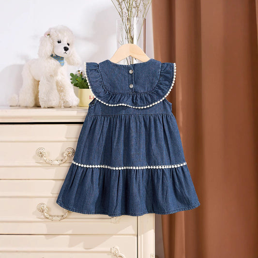 Summer Baby Kids Girls Denim Sleeveless Flowers Pattern Embroidered
