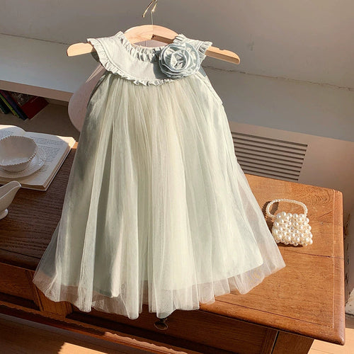Summer Arrival Sleeveless Solid Color Tulle Dress for Stylish Girls