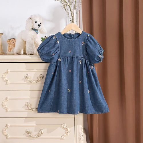 Summer Baby Kids Girls Denim Short Sleeves Flowers Pattern Embroidered