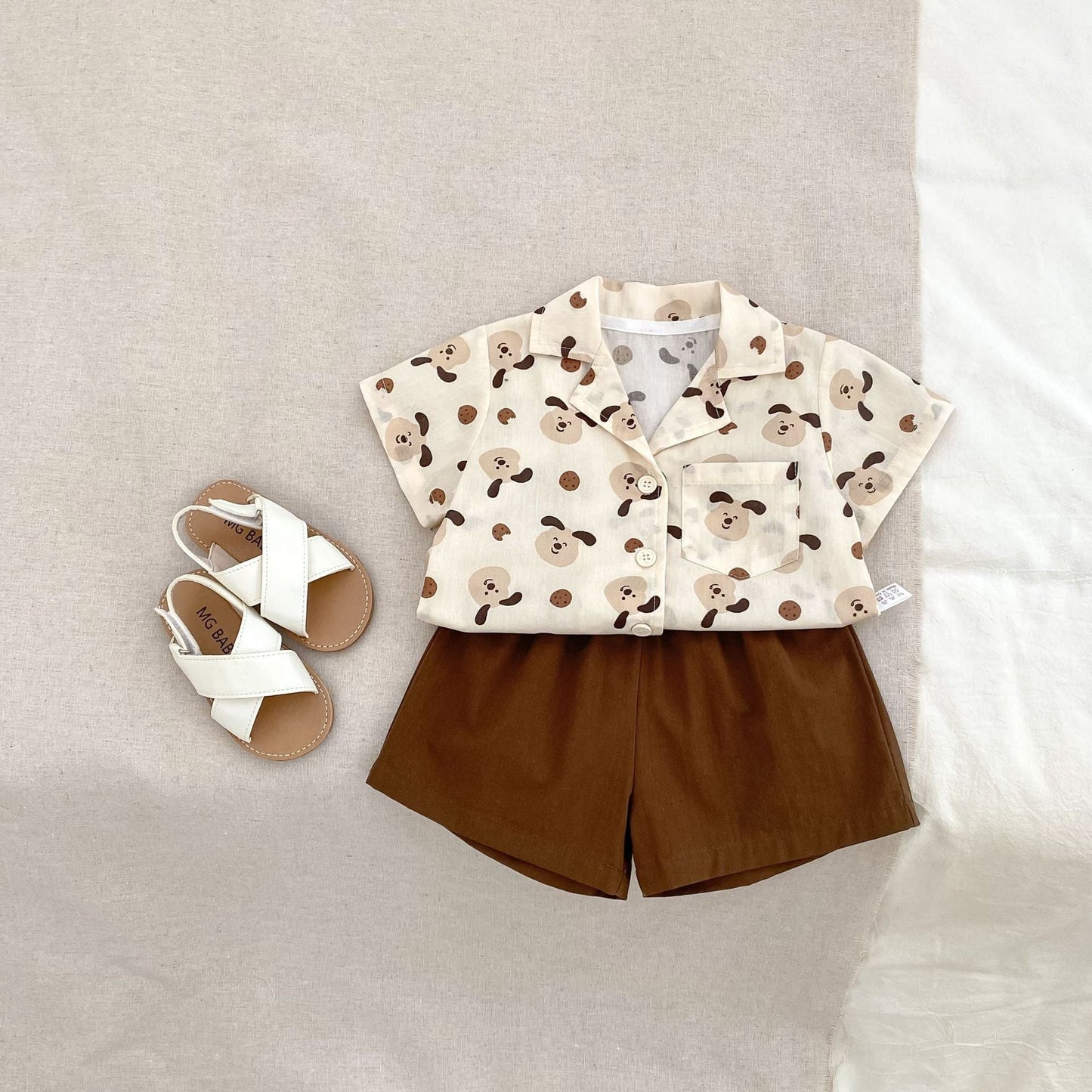 Summer Baby Kids Puppy Cartoon Pattern Single Breasted Shirt and Brown