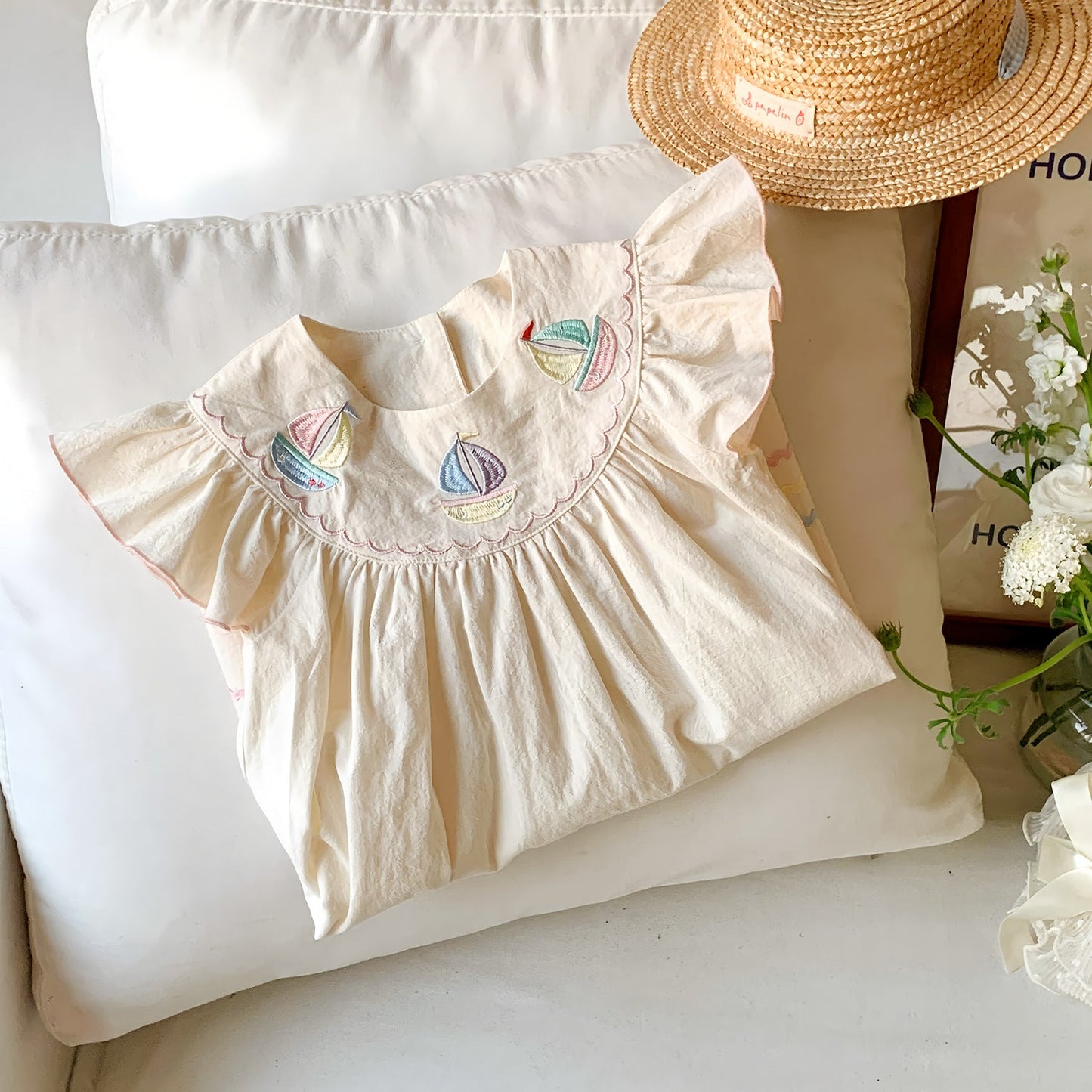 Summer Baby Kids Girls Sleeveless Little Boat Embroidery Pattern Dress