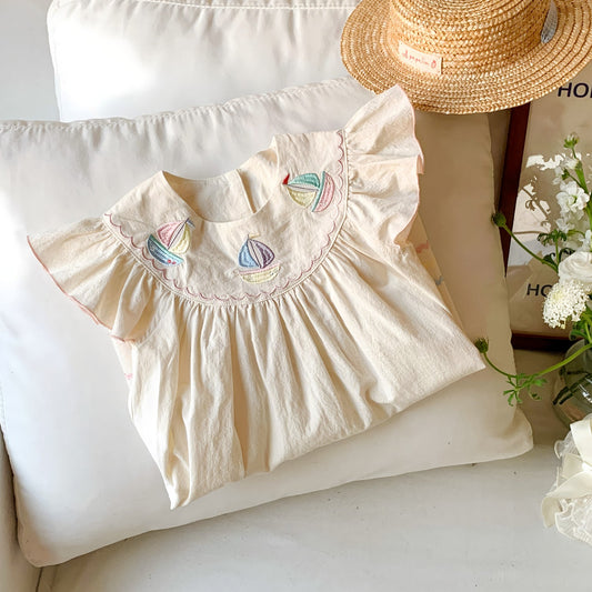 Summer Baby Kids Girls Sleeveless Little Boat Embroidery Pattern Dress